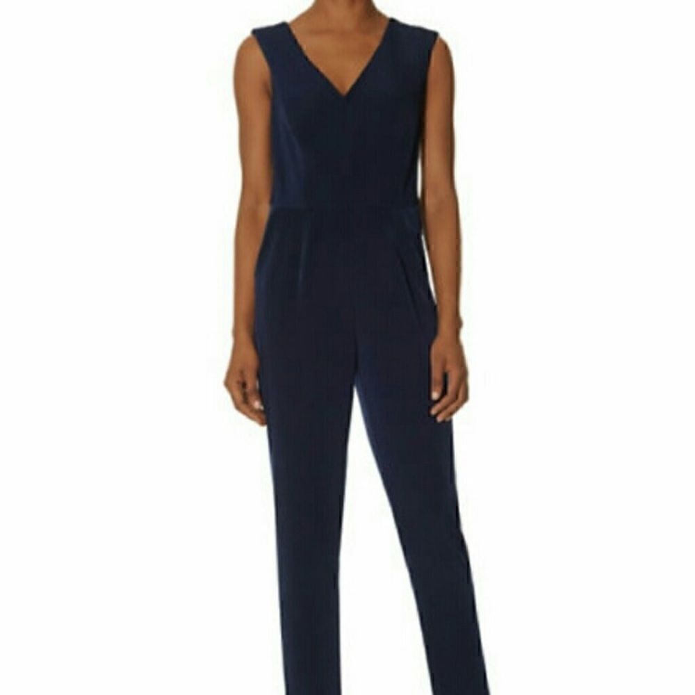 The Limited Solid Navy One Piece Sleeveless Double V-neck Strait Leg Jumpsuit